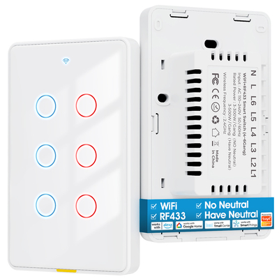 Bom preço Tuya WiFi Switch Timing 6 Gang Voice App Alexa Google Home Sem fio neutro WiFi RF433 US Light Switch Smart Home on-line